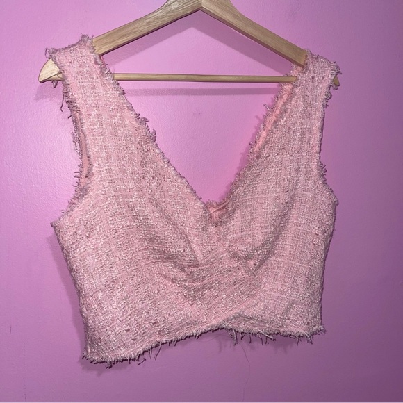 Zara Crop Top Women's Size Medium Pink Tweed V-Neck Structured Crossover NWT - Picture 9 of 12